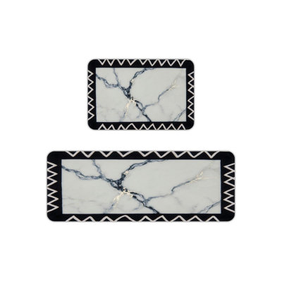 Black White Gold Marble Kitchen Mats Set Of 2,  Floor Rugs For Kitchen & Entryway, Modern Geometric Home Decor