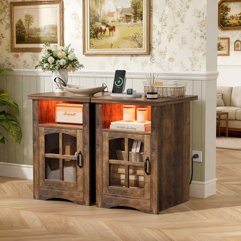 Farmhouse Nightstand with Color-Changing LED & 20W Fast Charging, Glass Door Bedside Table with Open Shelf, Night Stand for Bedroom or Living Room