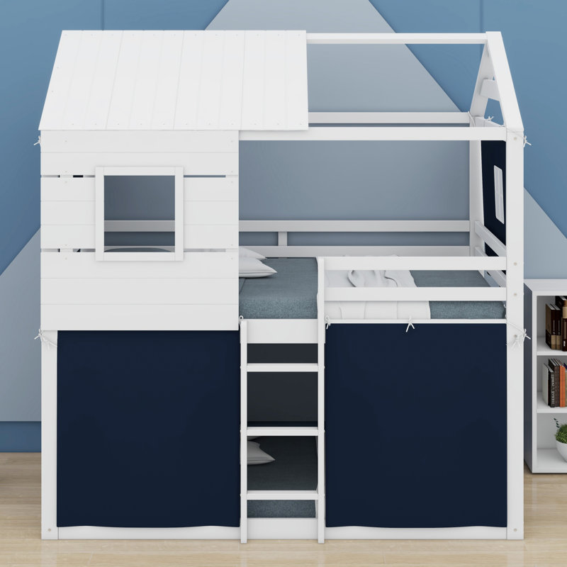 Structure de lit en bois avec fenêtres élégantes, garde-corps et tente, Simple sur simple, Bleu / blanc