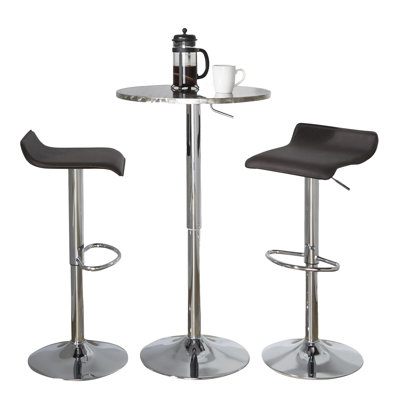 Ensemble de bar rond et réglable en métal chromé argenté avec repose-pieds ovale et brun en PVC - 3 pièces