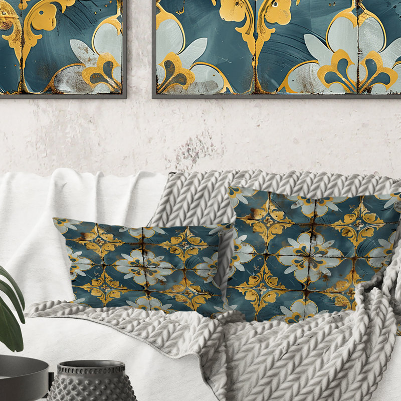 Carrelage rétro bleu poudre et doré II - Coussin Farmhouse, H 16 po x l 16 po, Carrée