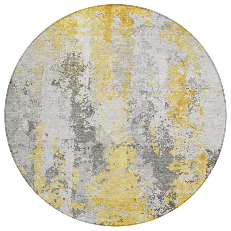 Machine Washable Indoor/Outdoor Xhevrie Yellow Rug, Round 8'