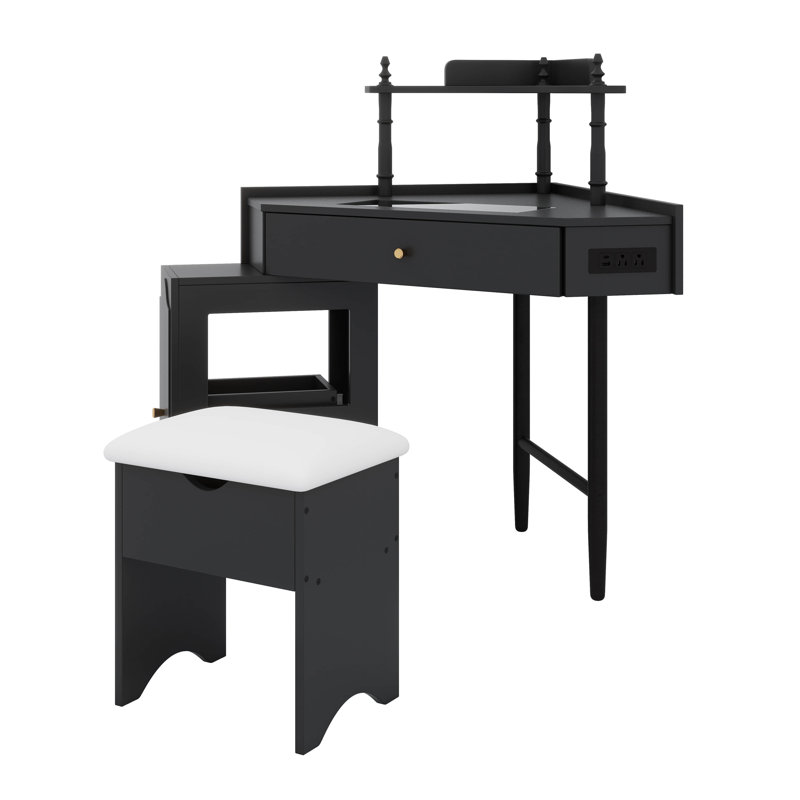 Commode élégante avec pieds en métal et armoire de rangement à miroir avec 6 tiroirs, Noir
