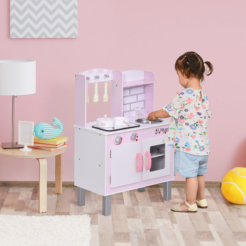 Cantin Kids Kitchen Play Set Wooden Pretend Toy for 3 Years+ Pink