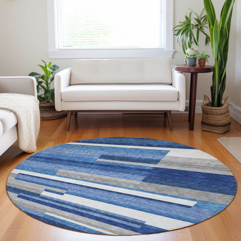 Premium Machine Washable Prisco Blue Rug, Round 8'