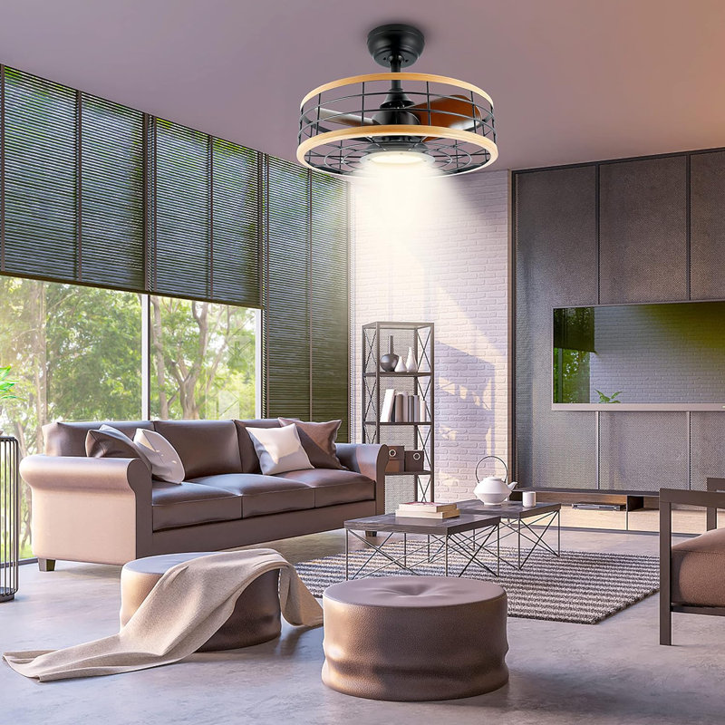 Modern Black and Wood Low Profile Ceiling Fan with LED Light and Remote
