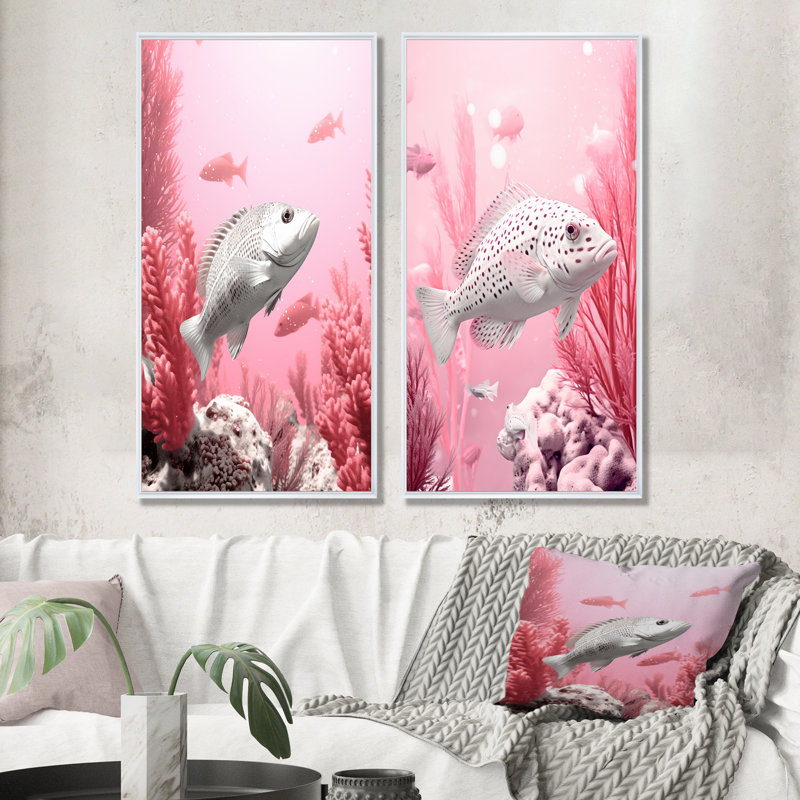 Ensemble de 2 impressions sur toile monochromes roses et blanches - corail sous l'eau, Cadre flottant blanc