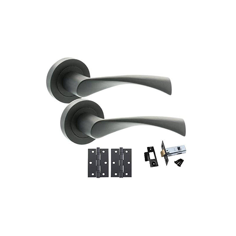  6 Sets Astrid Twist Design Bathroom Door Handles on Round Rose in Matt Black Finish with Ball Bearing Hinges & 64mm Tubular Latch