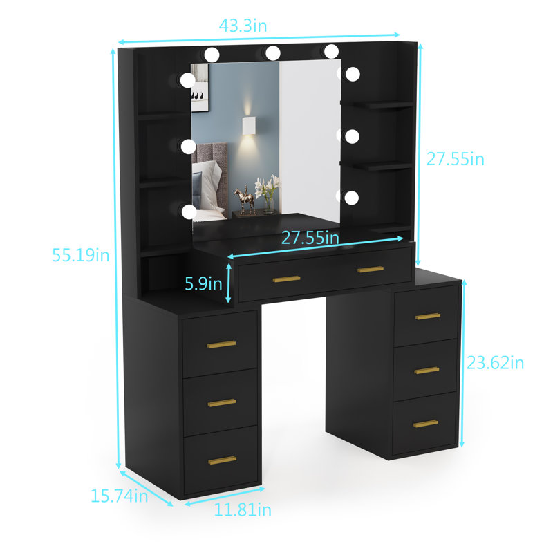 Pradep 43'' Makeup Vanity with 3 Lighting Colors, Black