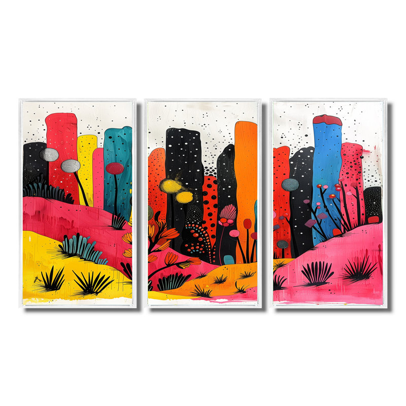 «Orange Orange Cityscape Pop Art I», ensemble d'art mural gratte-ciel, H 28 po x l 12 po x P 1 po