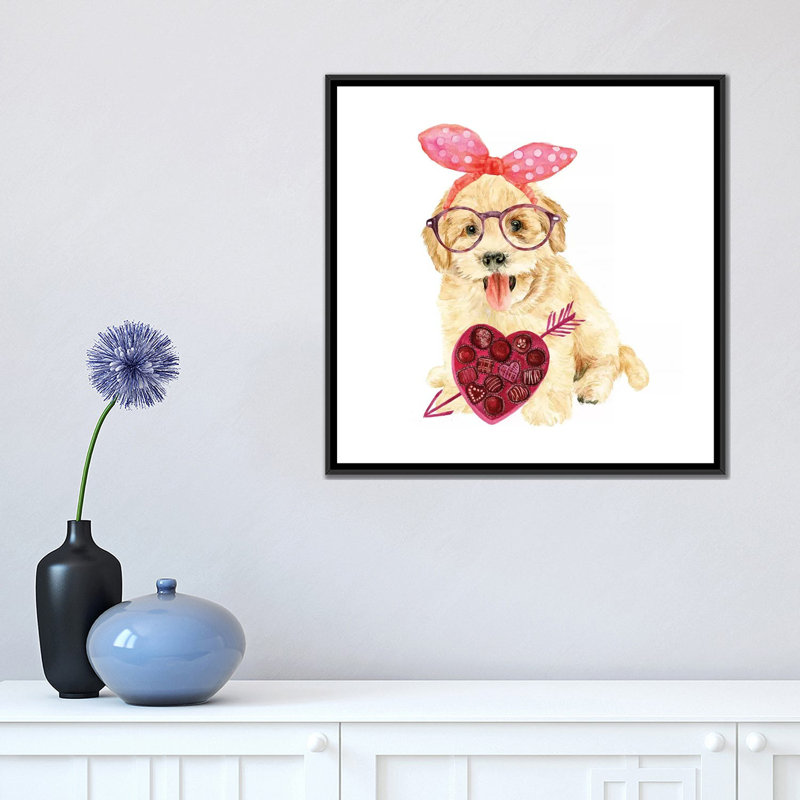 « valentine chiot iv », impression sur toile, H 18 po x l 18 po x P 1,5 po, Toile avec cadre noir, Pas de tapis