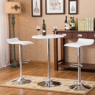 Adjustable Height Wood and Chrome Metal Bar Table and 2 Chrome Air Lift Adjustable Swivel Stools Set
