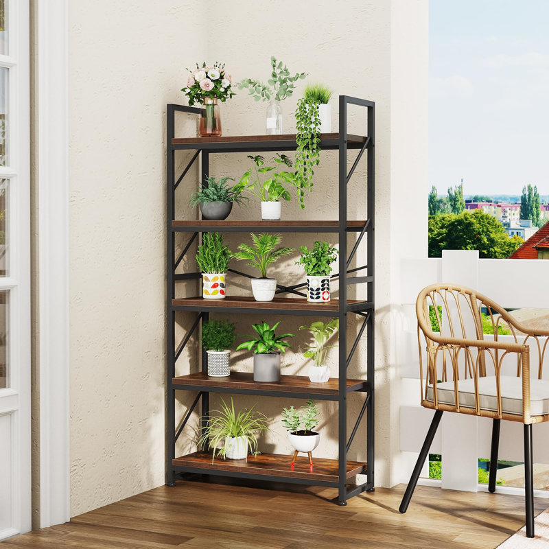 Moriann 158cm H x 80cm W Metal Etagere Bookcase, Black/Beige