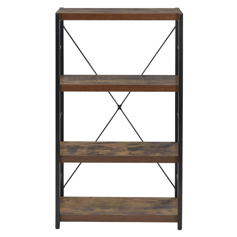 Bibliothèque industrielle à cadre rectangulaire en métal noir avec finition chêne vieilli, 4 tablettes pour outils utilitaires de bureau à domicile, l 24 po x P 11 po H 43 po.