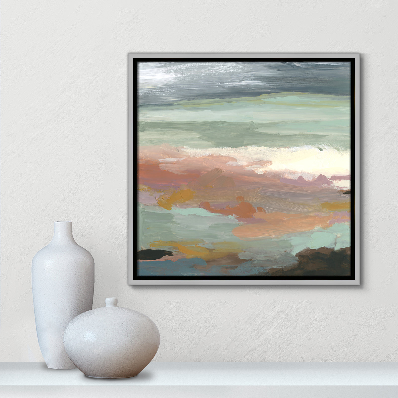 Bingham "Ocean Bluffs" Painting by Carol Robinson, Picture Framed Canvas, 17.5" H x 17.5" W, Silver