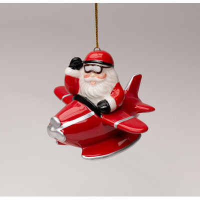 Santa on a Red Airplane Ornament 2 5/8"H