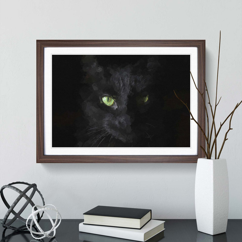 Black Cat with Green Eyes in Abstract - Picture Frame Graphic Art Print, Walnut Framed, 27cm H x 36cm W x 2cm D