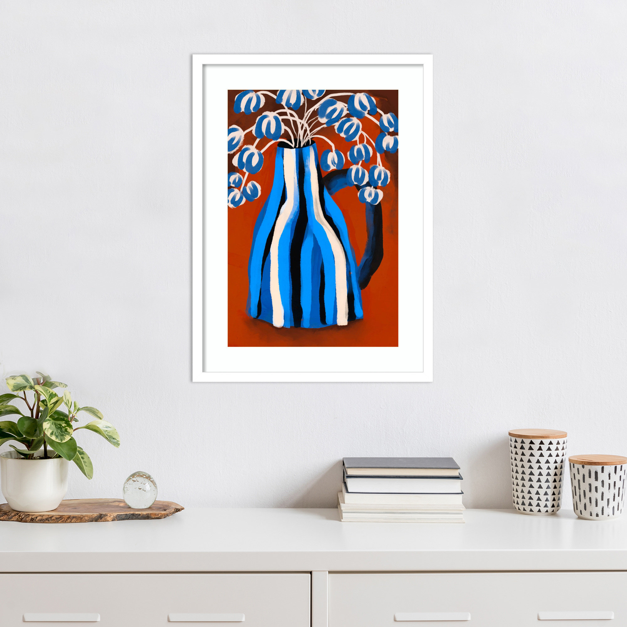 Striped Vase by Treechild Wood Framed Wall Art Print, 25" H x 19" W, White