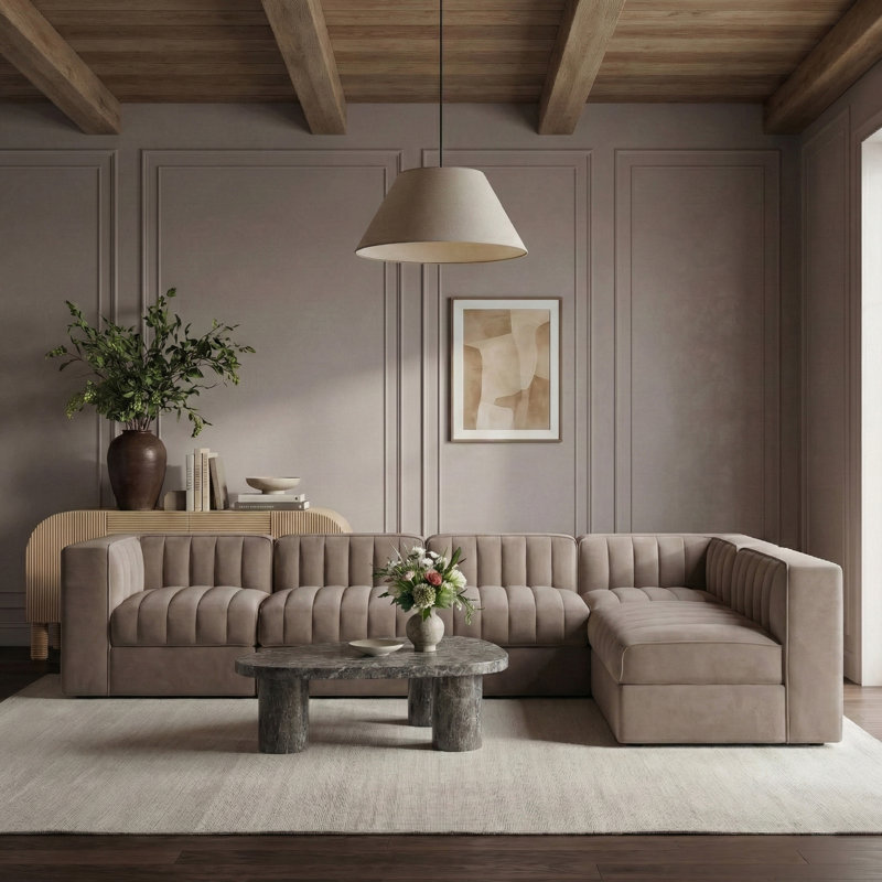 Tissu en velours Demars Performance 6 pièces Canapé modulaire modulaire, Velours taupe, 27" H x 126" W x 92" D