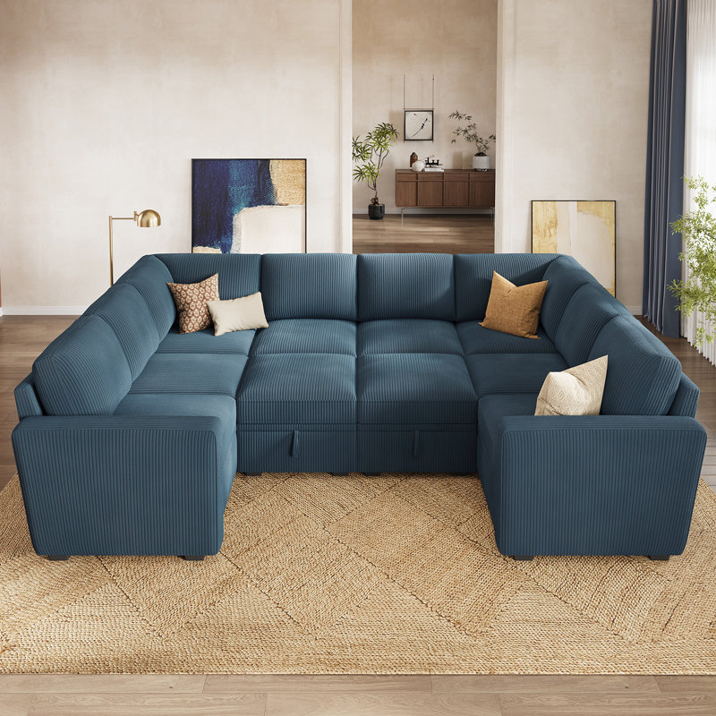 Canapé modulaire en U avec rangement Abramson, Velours côtelé bleu