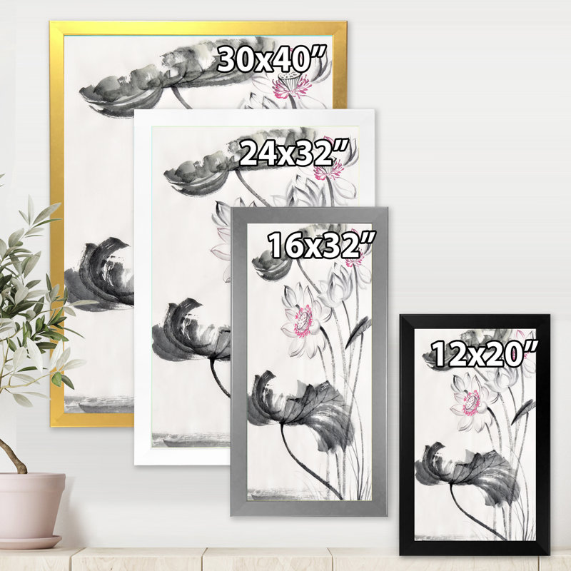 Fleurs de lotus rétro - reproduction sur toile, H 40 po x l 30 po x P 1,5 po, Toile encadrée d'or