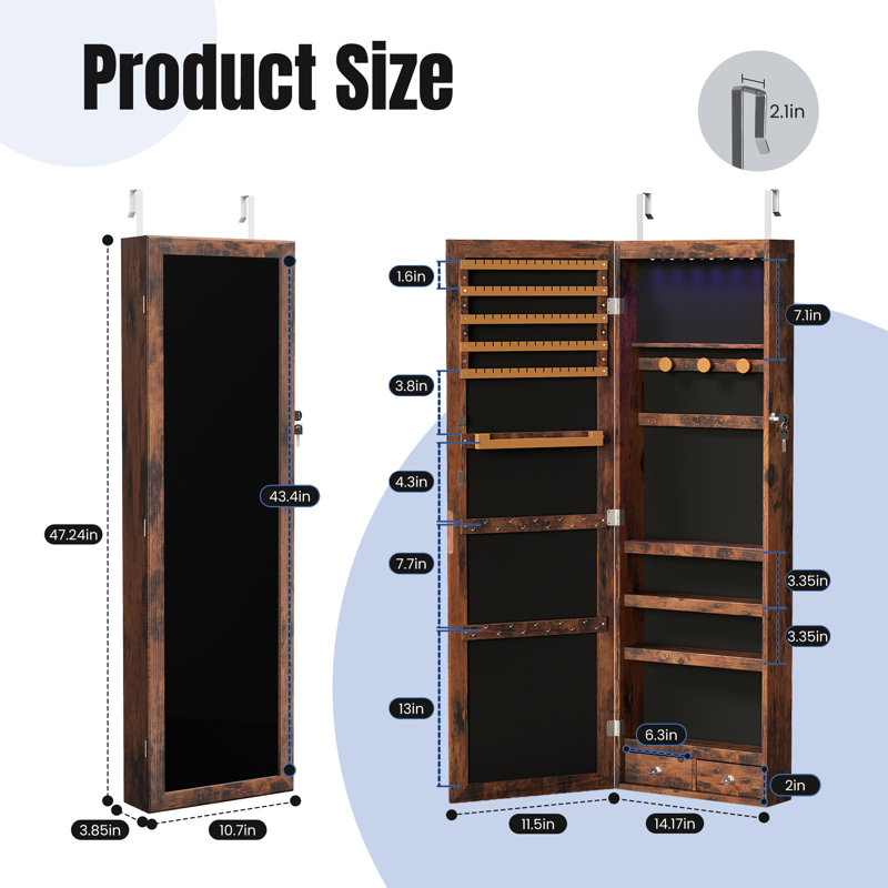 Armoire à bijoux 14,2 po de largeur avec miroir, Rustic Brown