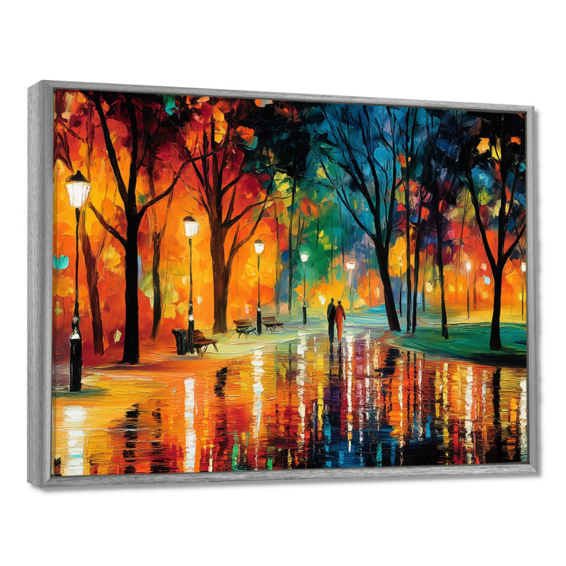 Couple se promenant dans la France pluvieuse - Couple, impressions sur toile, art mural jaune figuratif, Cadre flottant
