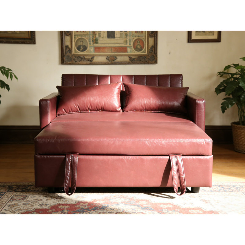 Petit canapé-lit coulissant en cuir de 55 po avec dossier ajustable et 2 coussins moelleux, Bourgogne