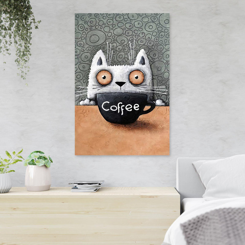 «A Cat And A Cup Of Coffee - Coffee», reproduction d'art graphique sur toile tendue 1 pièce, H 20 po x l 16 po x P 2 po