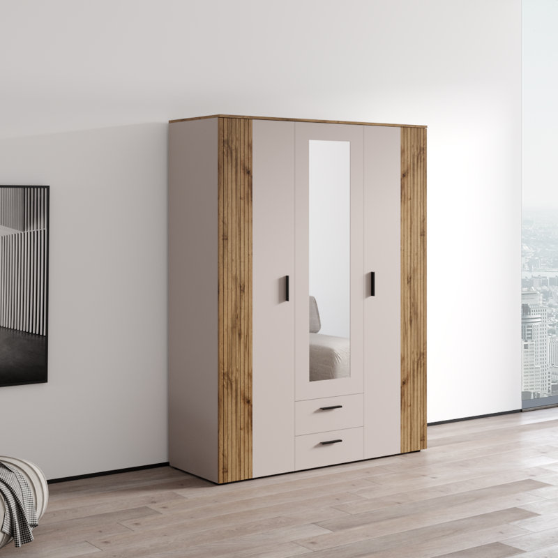 Armoire 3 portes avec miroir et tiroirs Cadix, armoire de 59 pouces de large avec tringle et tablettes, Cashmere