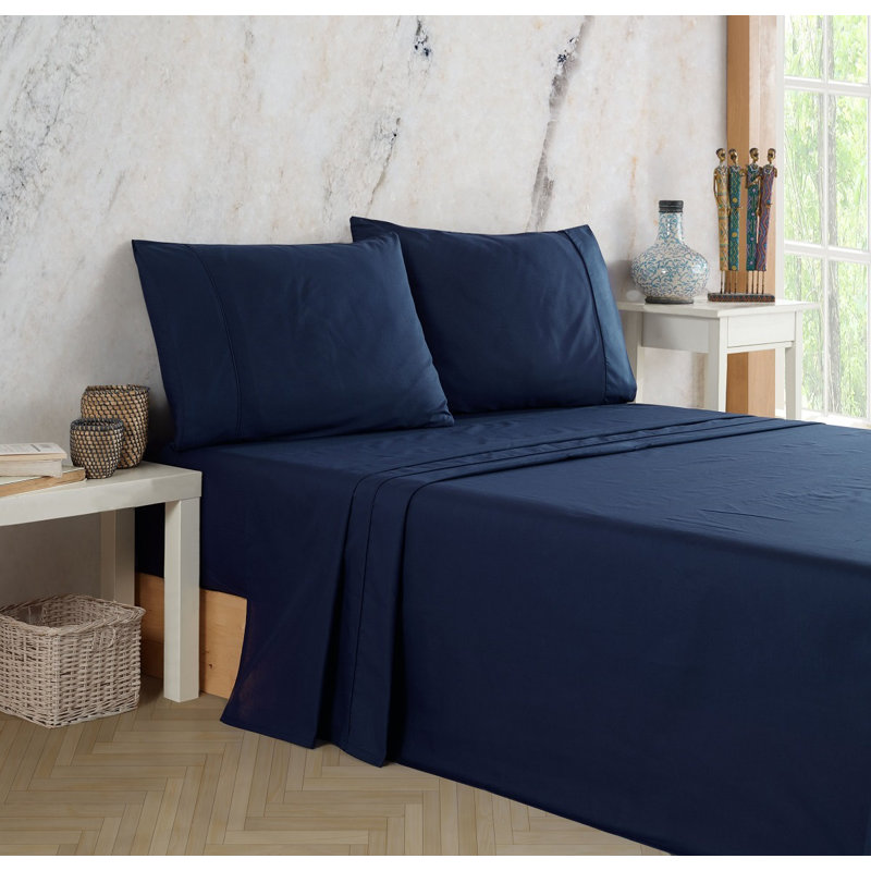 Ensemble de draps en coton Ranforce, Marine, Ensemble de draps et de 2 taies d'oreiller pour tr