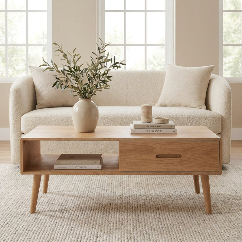Table basse de 39 po de style Mid-Century moderne en chêne massif avec tiroir, H 16,93 po x L 39,37 po x l 22,05 po
