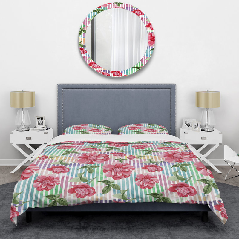 Roses roses et feuille verte - ensemble de housse de couette floral - microfibre de polyester