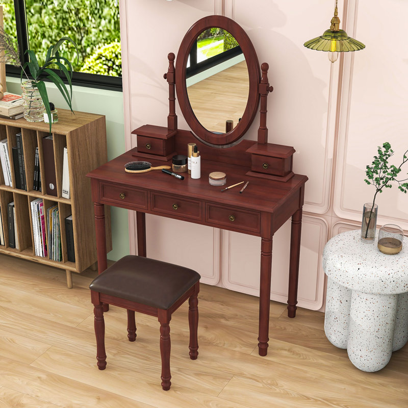 Bureau de maquillage pour coiffeuse avec miroir à angle réglable, 5 tiroirs et tabouret, Noyer