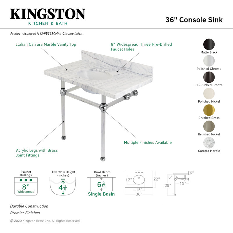 Kingston Brass Templeton 36-Inch Vanity Top with Clear Acrylic Legs (8-Inch, 3-Hole), Chrome