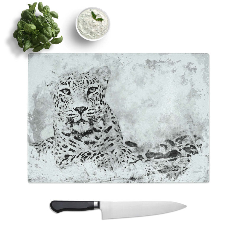 Glass Leopard Resting in Abstract Chopping Board, 39 cm W x 28.5 cm L