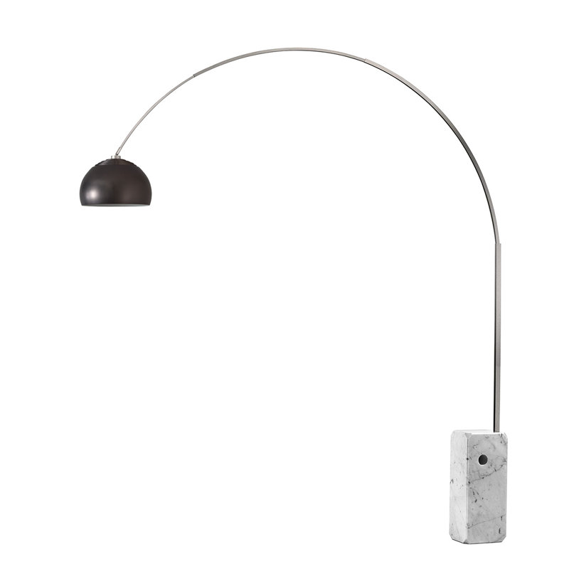 Lampe à arc 1 lumière iconique H 95 po - Mid-Century moderne, corps en acier nickel satiné, abat-jour en nickel noir demi-dôme, base en marbre blanc, à intensité variable, compatible avec les interrupteurs intelligents, ampoule DEL incluse