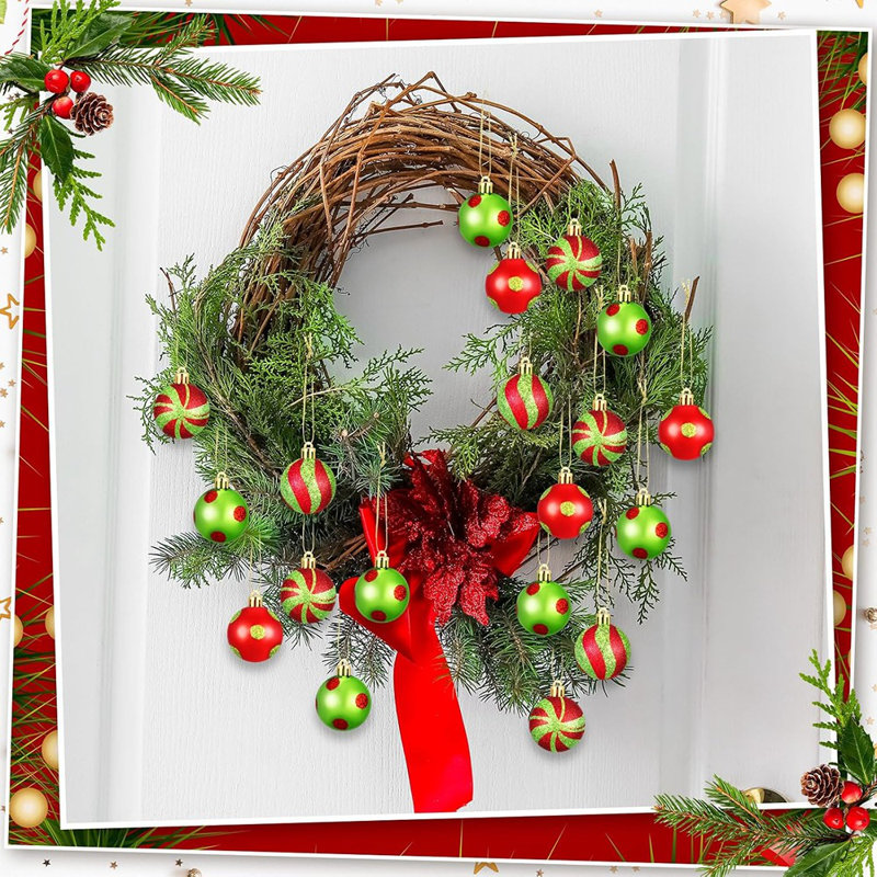 54 mini décorations de boules de Noël - 1,18 po - Décorations suspendues incassables à rayures rouges et vert lime pour arbre de Noël et fête des Fêtes