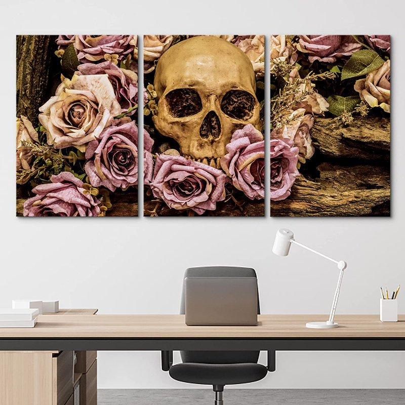 Moody Gothic " Human Skull Roses Background " 3 - Pieces, 24" H x 48" W x 1.5" D