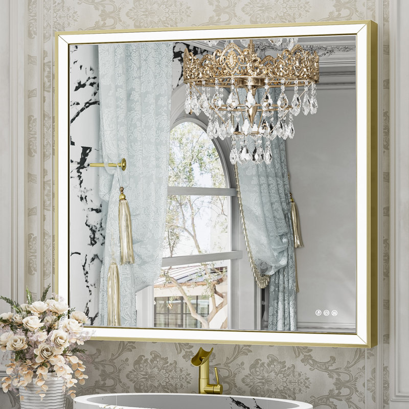 Front LED Anti-Fog Bathroom Vanity Mirror with Beveled Metal Framed, 36" x 36", Brushed Gold, Square