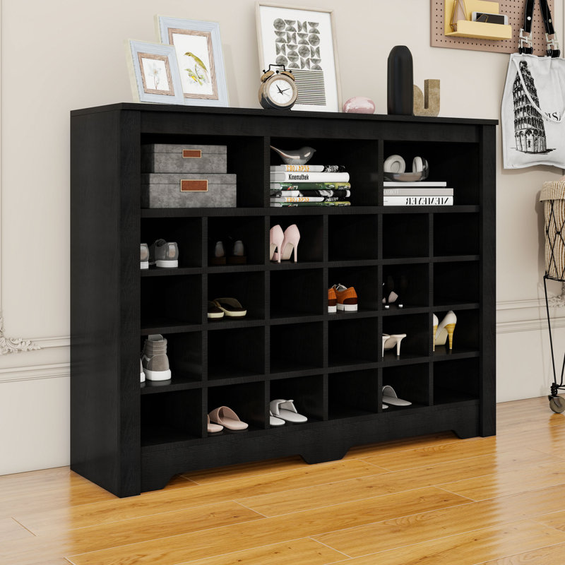 Sleek Design 24 Shoe Cubby Console, Modern Shoe Cabinet With Curved Base, Black