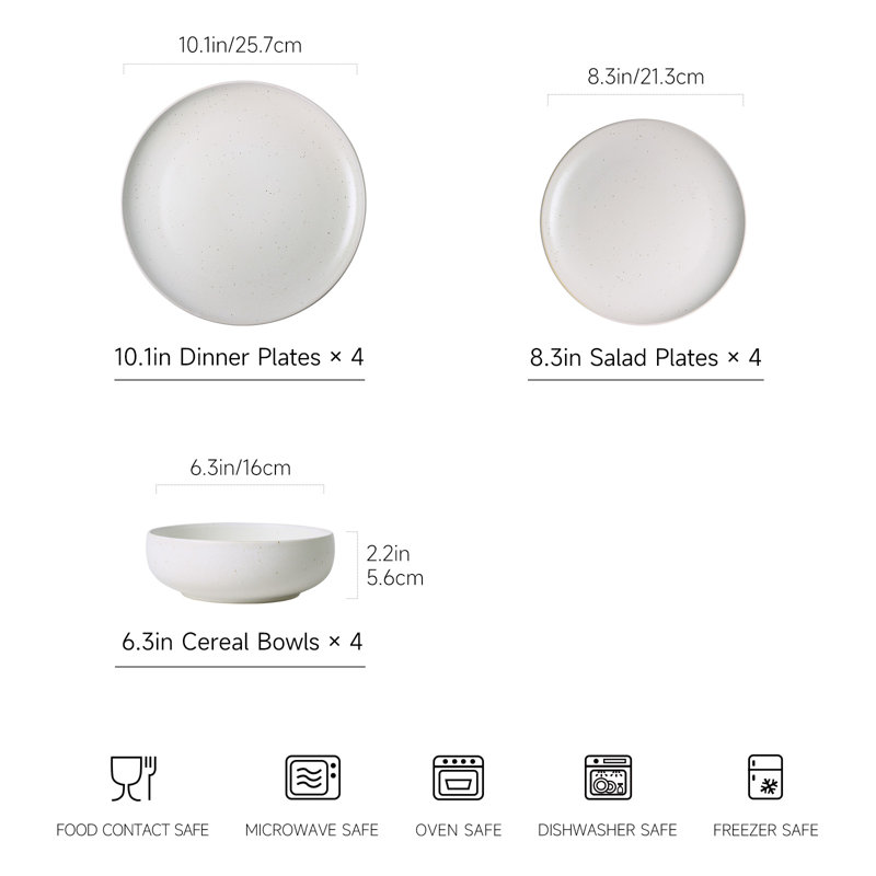 Service de table 12 pièces en grès Misty Sprout, pour 4 personnes, Crème, crème