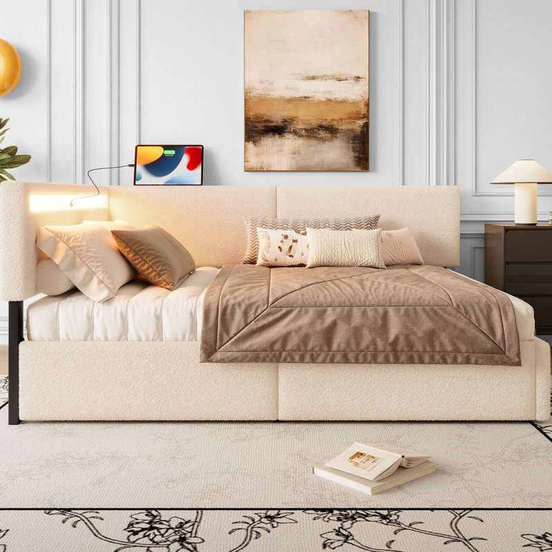 Structure de lit Boucle, structure de lit tapissier Cloud avec tête de lit, 2 tiroirs de rangement, lumière DEL et conception de chargement USB, pieds et lattes en bois massif, aucun sommier nécessaire