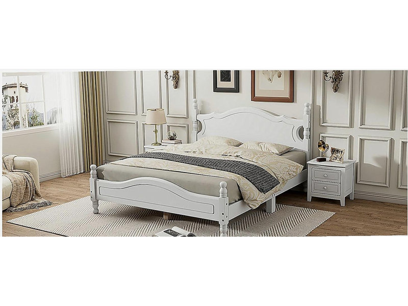 Structure de lit plateforme en bois, lit plateforme de style rétro avec support de traverse en bois, Blanc