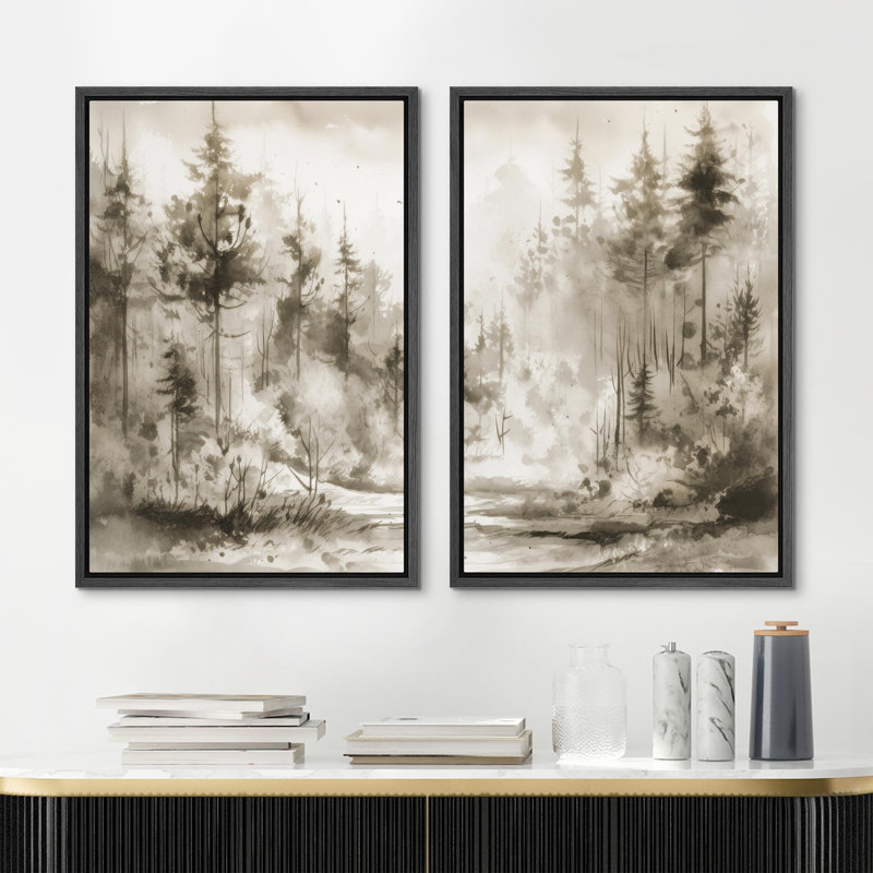 Greenish Tan Pine Tree Forest Abstract Abstract Nature Landscape Modern Art Living Room Decor encadré sur toile, ensemble de 2 pièces