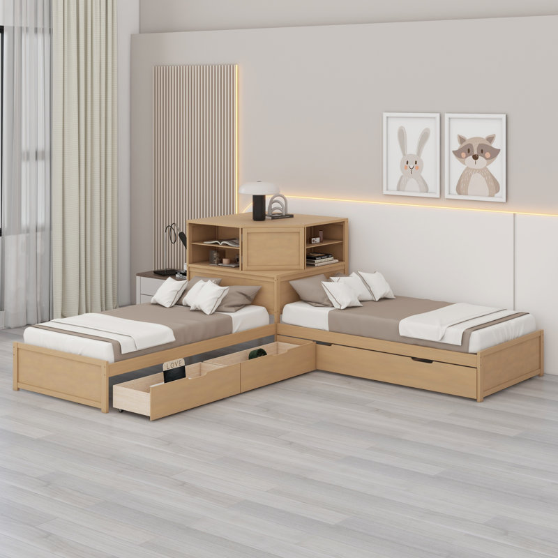 L-Shaped Combination Bed With Trundle And Drawer,3-In-1 Low Corner Platform Bed Linked, Natural