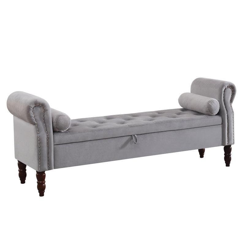 Minaal Velvet Upholstered with Arms Storage Bench, Gray, 26.4'' H X 66.9'' W X 16.9'' D