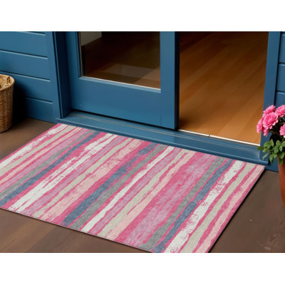 Tapis intérieur lavable rayé rose 3 pi x 5 pi