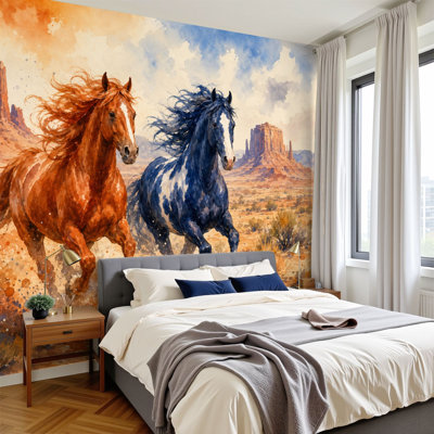 «Peel and Stick Papier peint 69 po x l 96 po», adhésif mural moderne pour chambre à coucher - avec des chevaux qui courent, désert du sud-ouest, reproduction de peinture à l'aquarelle