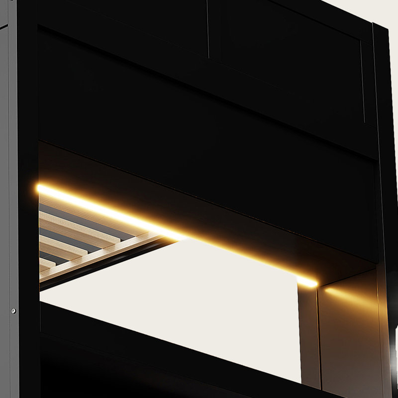 Full Size Wooden Gaming Loft Bed with Desk, LED Light, Charging Station and Storage Shelves, Modern Black Bunk Bed for Teens and Adults, Space-Saving Design